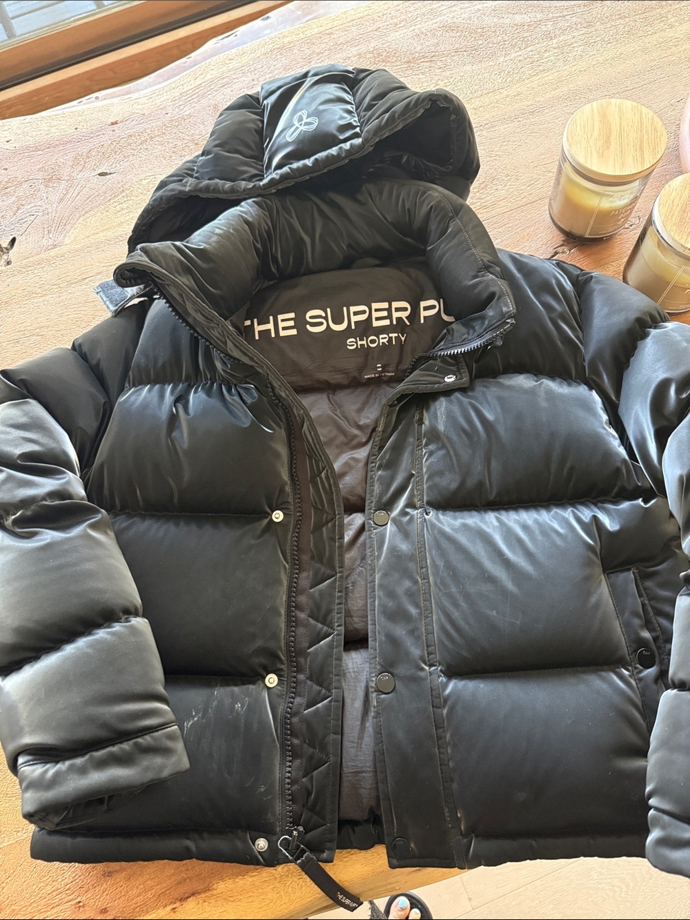 Aritzia Black Super Puff Shorty Hooded Puffer Jacket in liquid metal